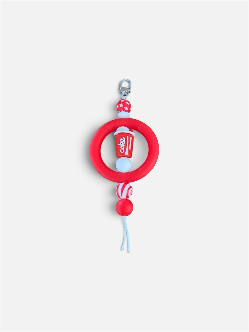 Hand Crafted Red and White Beaded Ring Charm Keychain